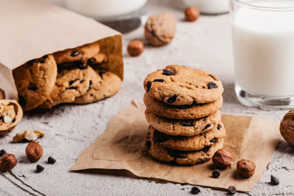 Freshly baked chocolate chip cookies with soft, chewy centers.