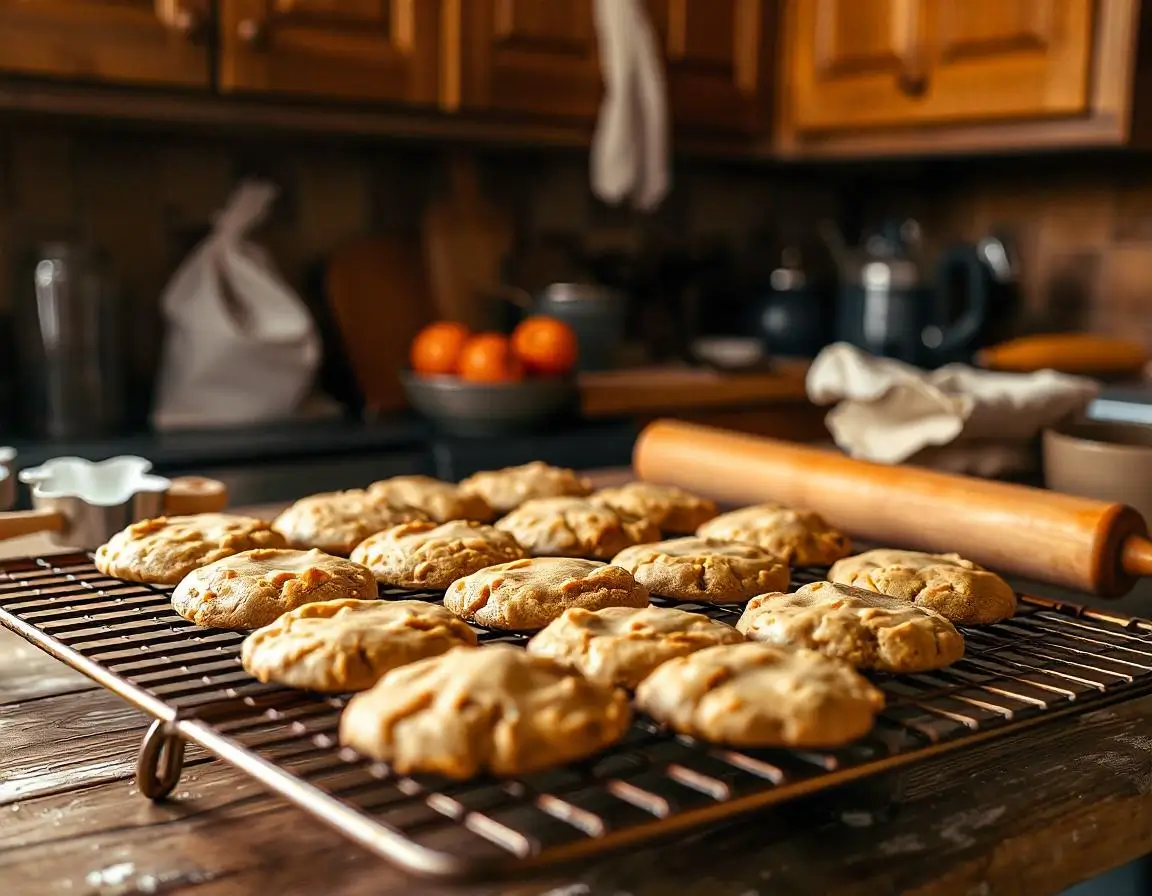 Golden-brown cookies on a cooling rack with baking tools.