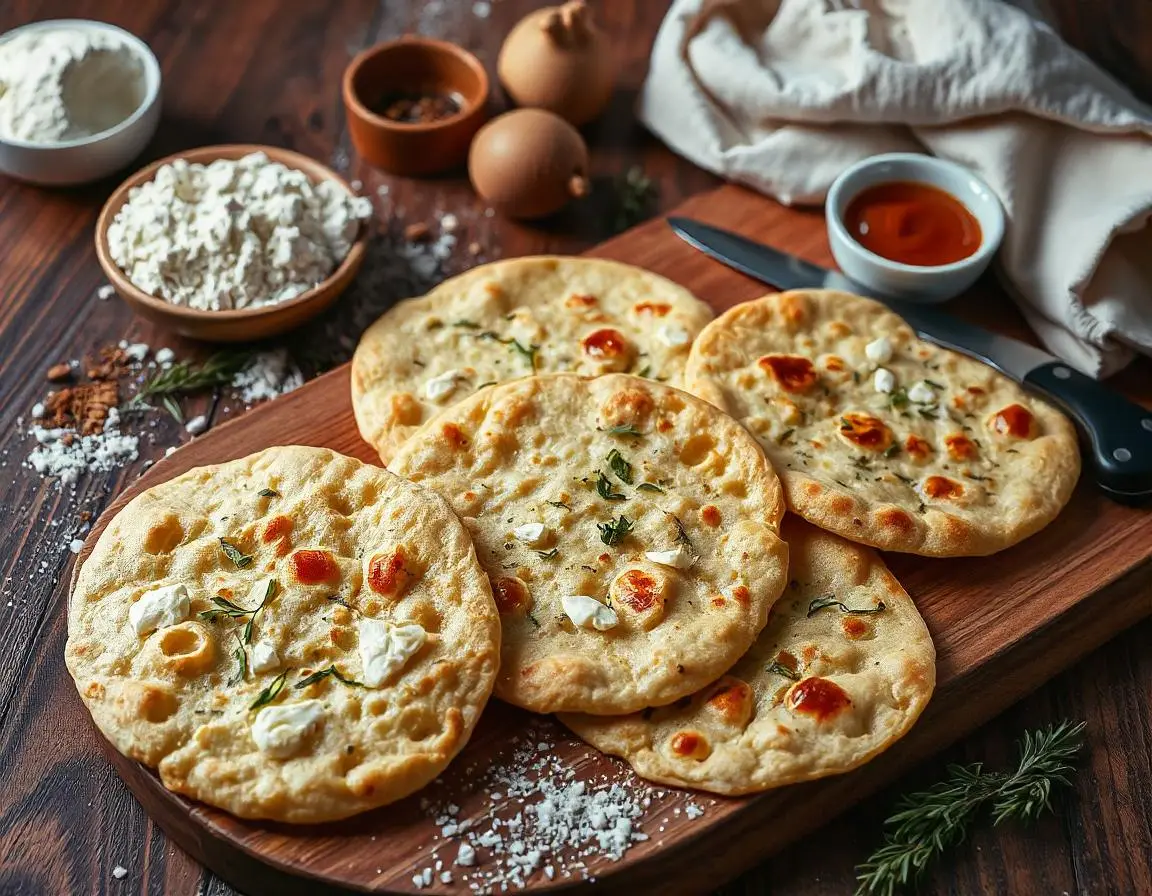 Freshly baked cottage cheese flatbread on a rustic wooden table