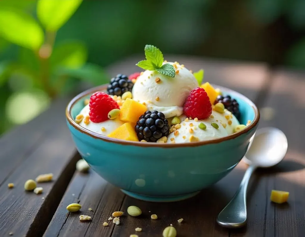 Creamy cottage cheese ice cream with fresh berries and nuts.