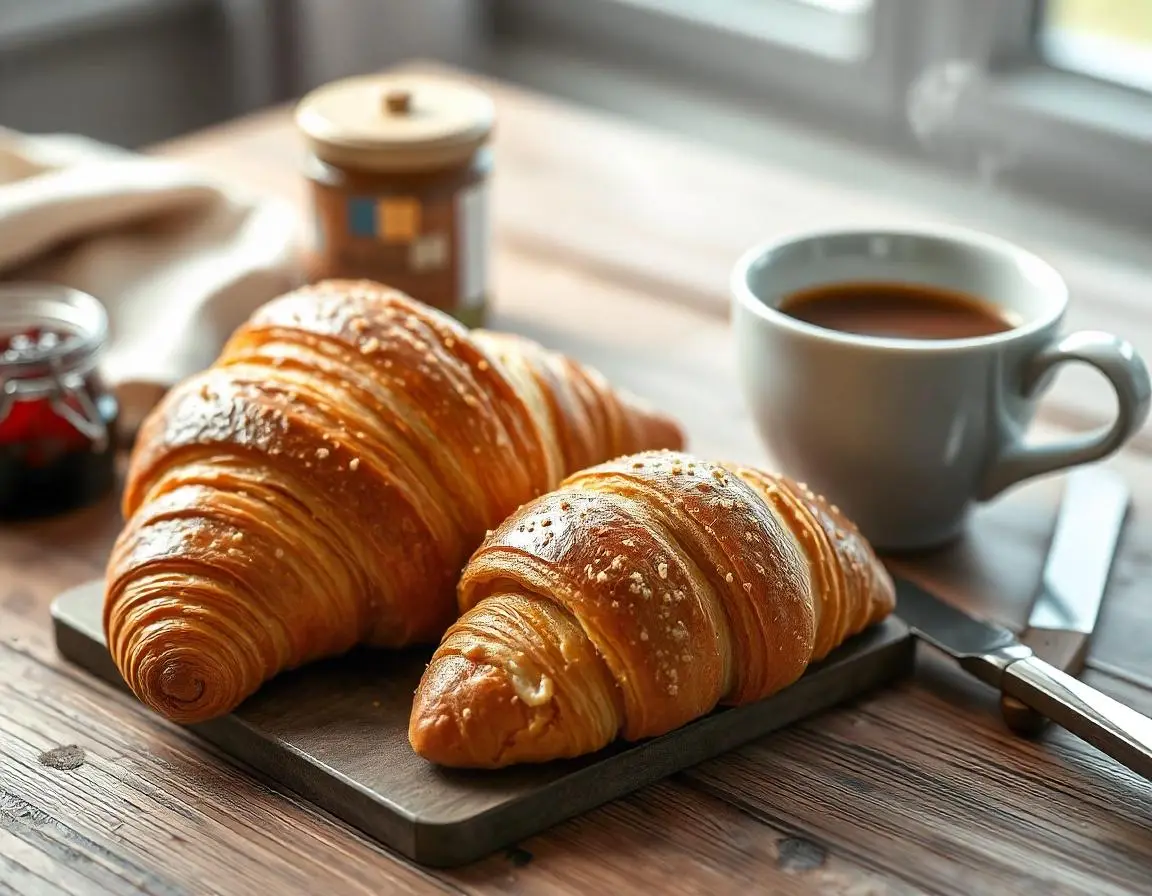 Croissant and Gipfeli side by side on a wooden table with coffee and jam.