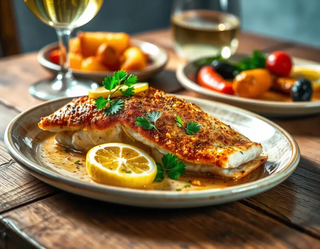 Baked rockfish garnished with lemon and parsley