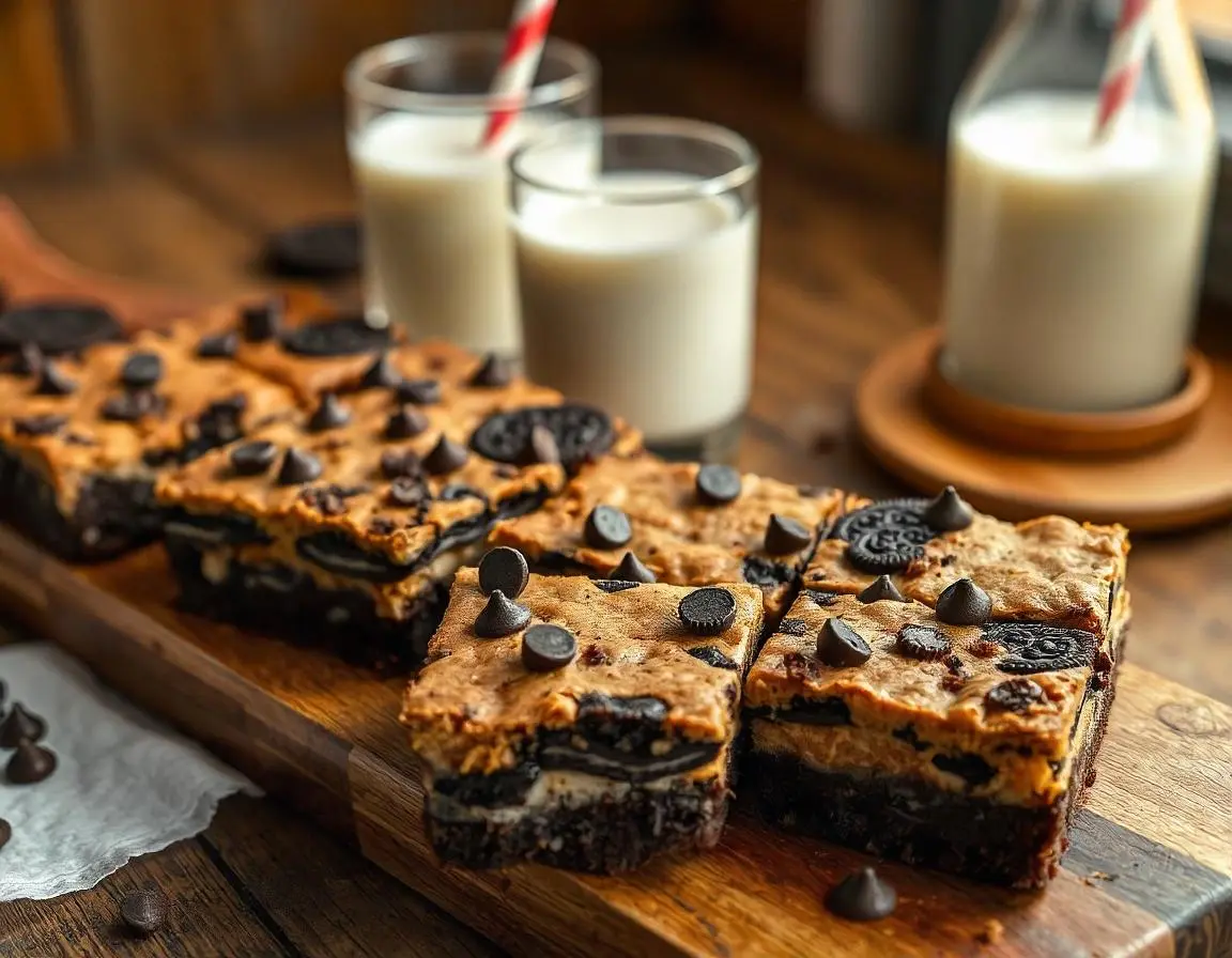 Close-up of layered slutty brownies on a wooden tray