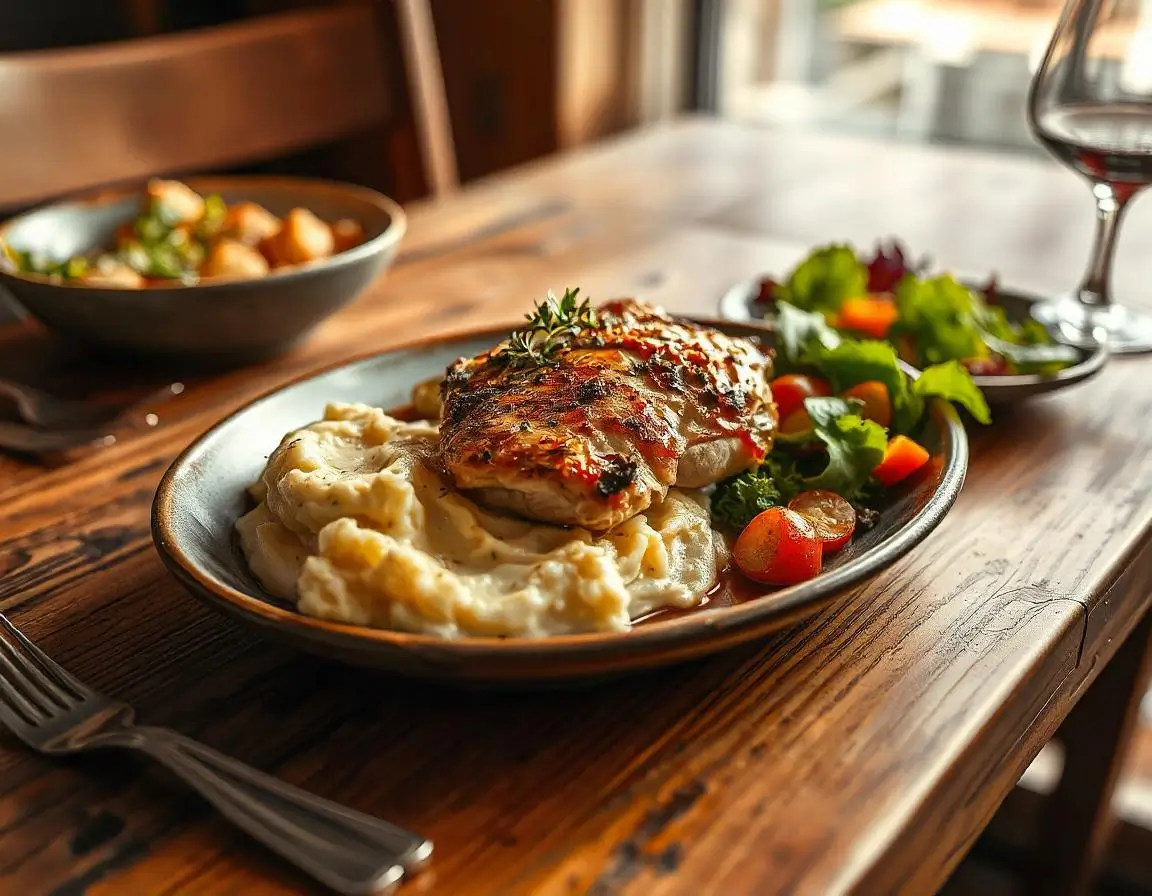 Alice Springs Chicken with mashed potatoes and roasted vegetables on a wooden table