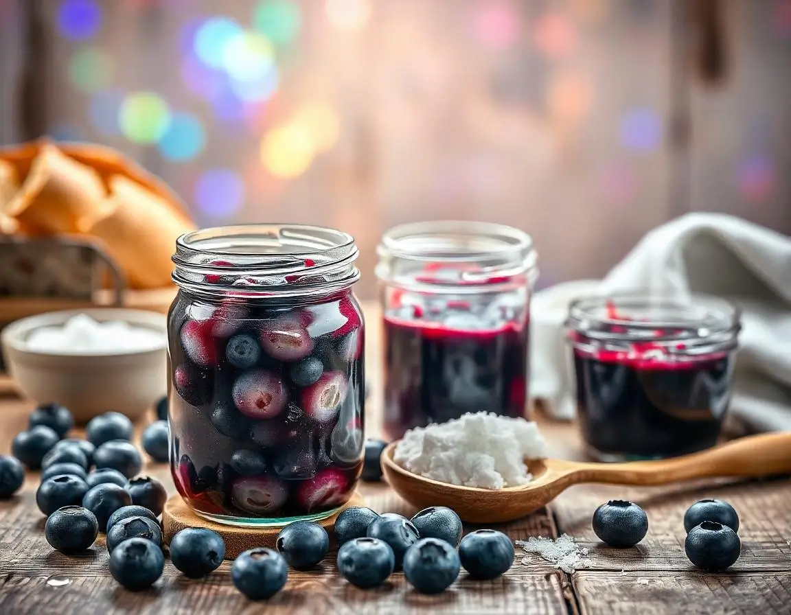 Rustic display of blueberry compote and jam with fresh blueberries and bread.