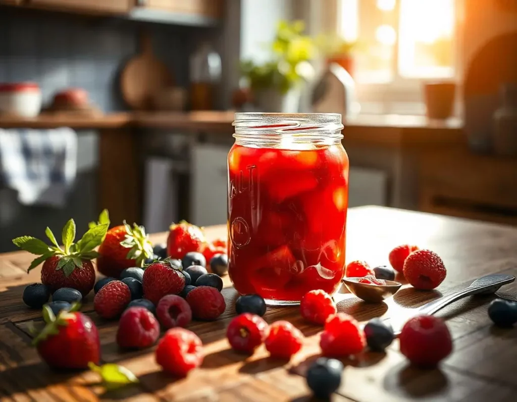 Fresh homemade berry compote in a jar with fresh berries.