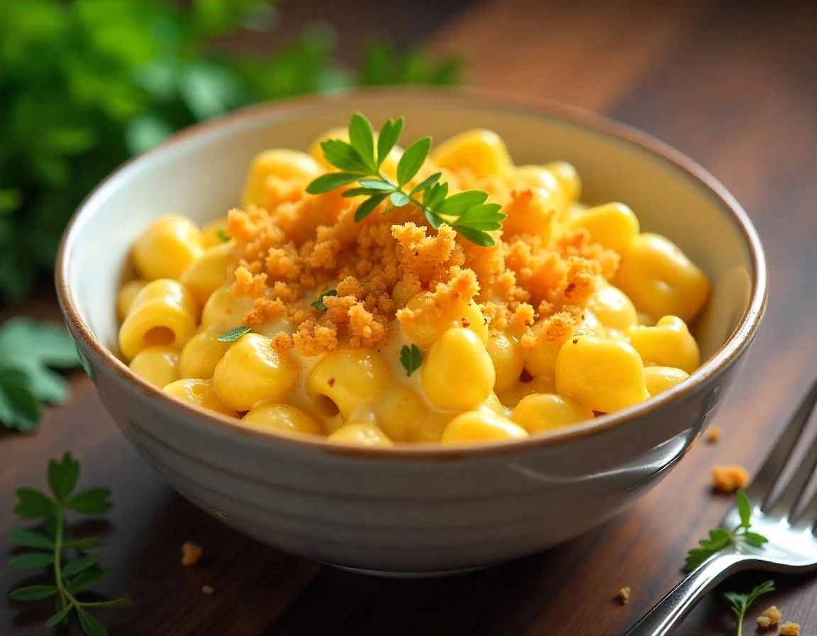 Bowl of Tini’s mac and cheese with golden breadcrumbs