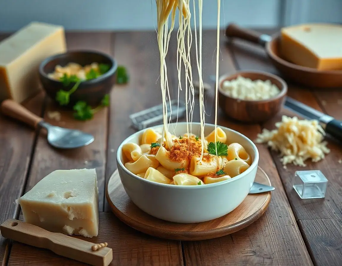 Creamy mac and cheese with golden breadcrumbs and parsley garnish.