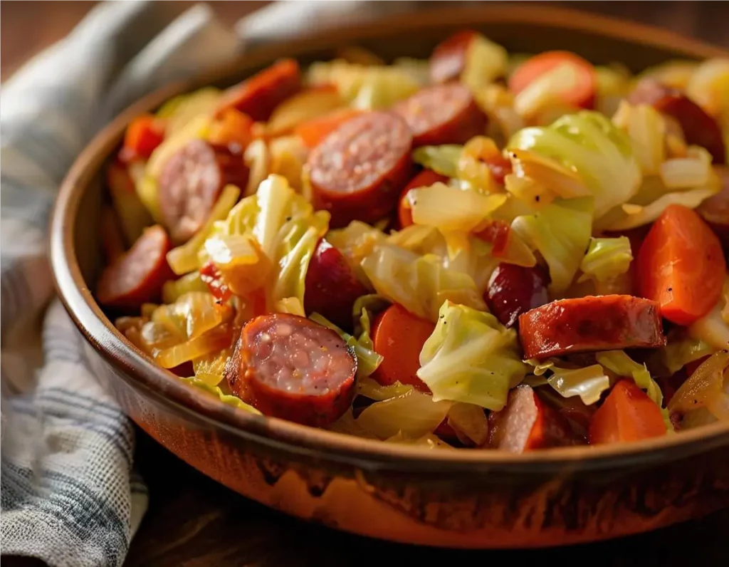 Rustic skillet with cabbage and sausage garnished with parsley