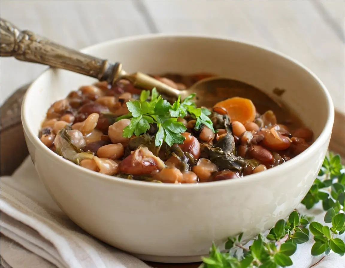 A hearty bowl of calico beans topped with crispy bacon and ground beef.