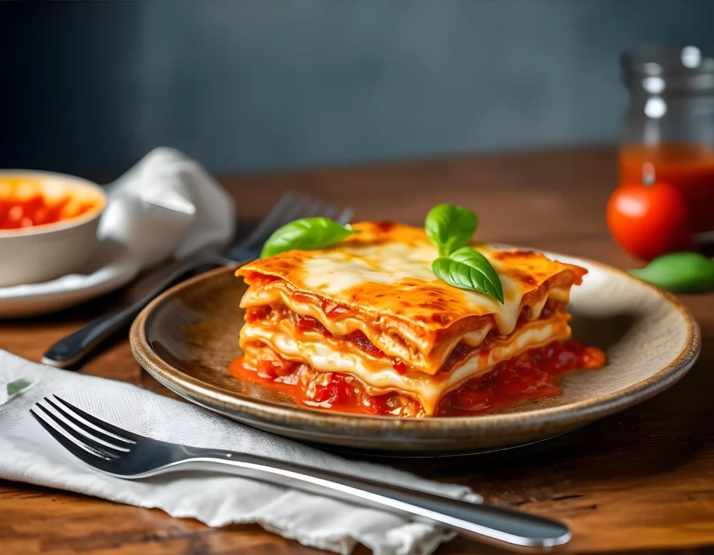 Golden lasagna slice with cottage cheese and basil.