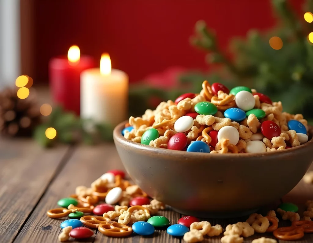 Holiday-themed white trash snack mix with colorful ingredients.