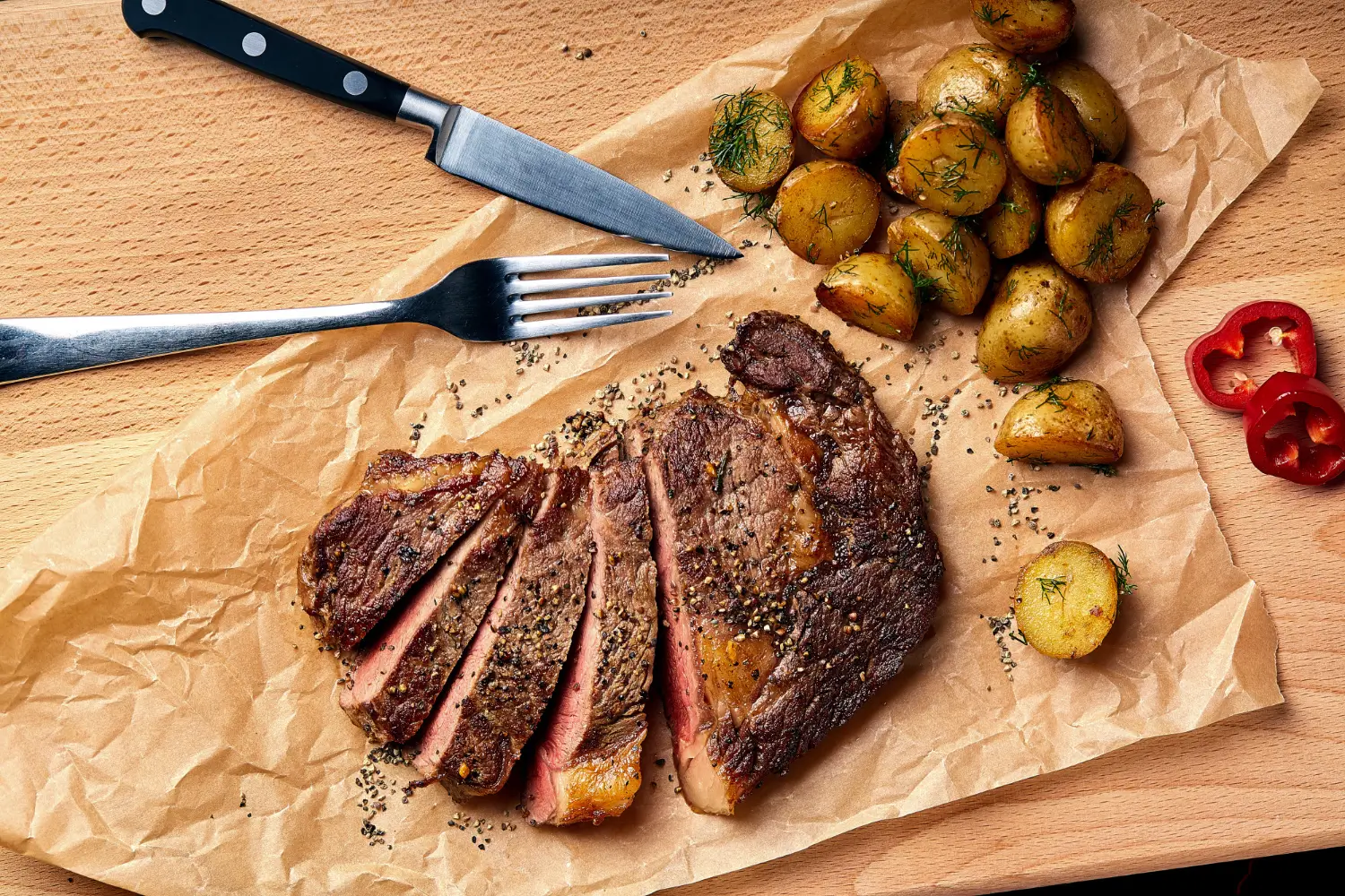 Hearty steak and potatoes dinner on a rustic table