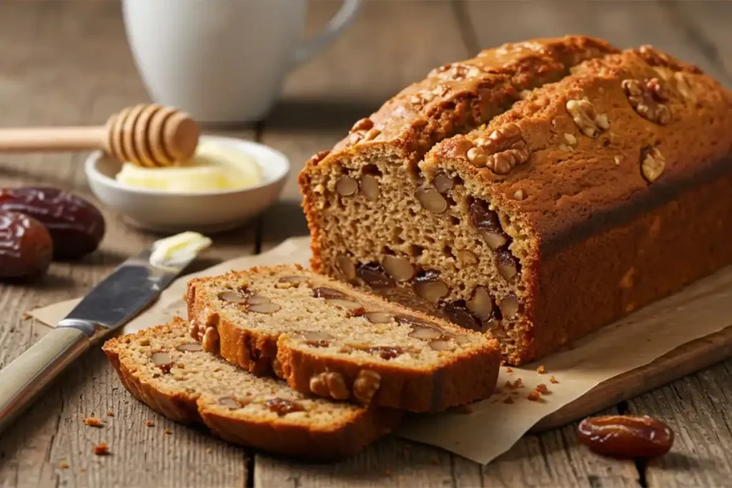 Freshly baked date nut bread loaf with slices and walnuts