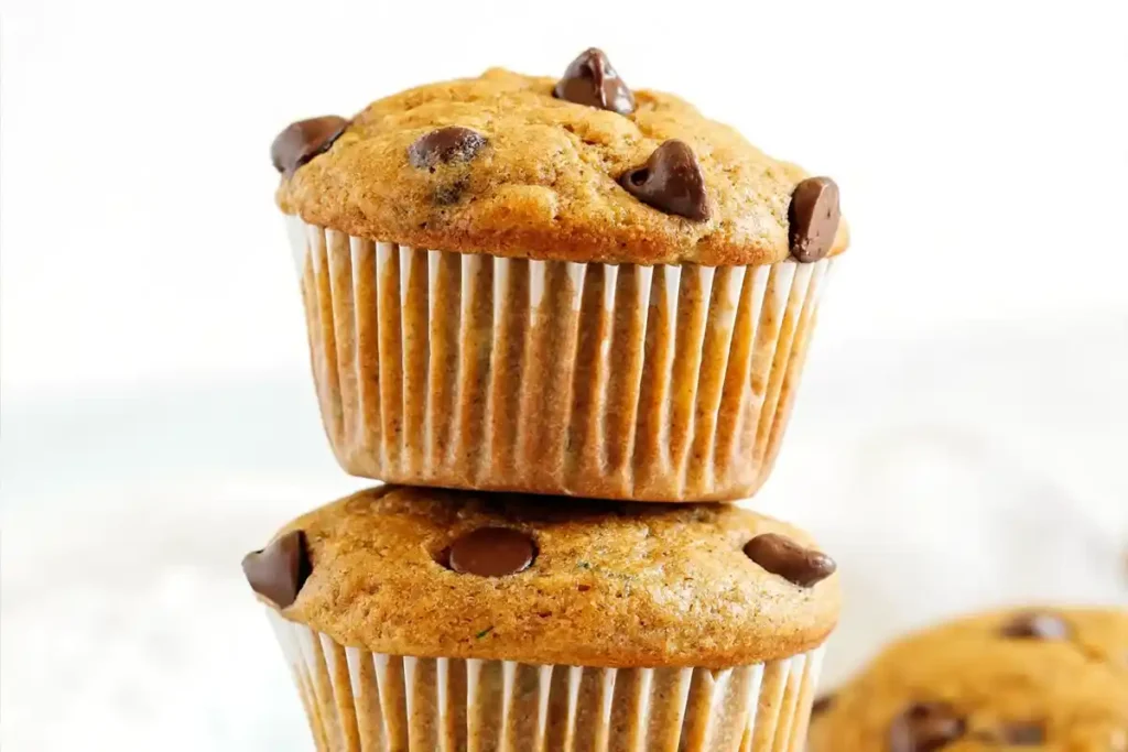 Sliced zucchini chocolate chip muffins served with whipped cream and berries