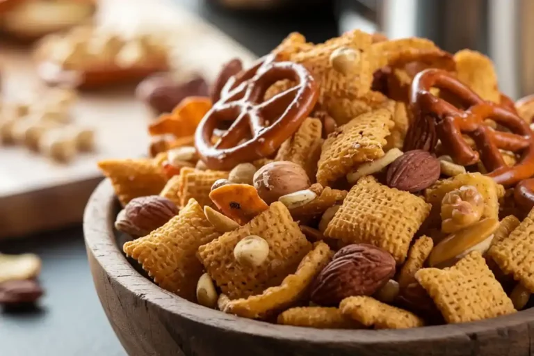 Golden oven-baked Chex mix with pretzels, nuts, and crackers.