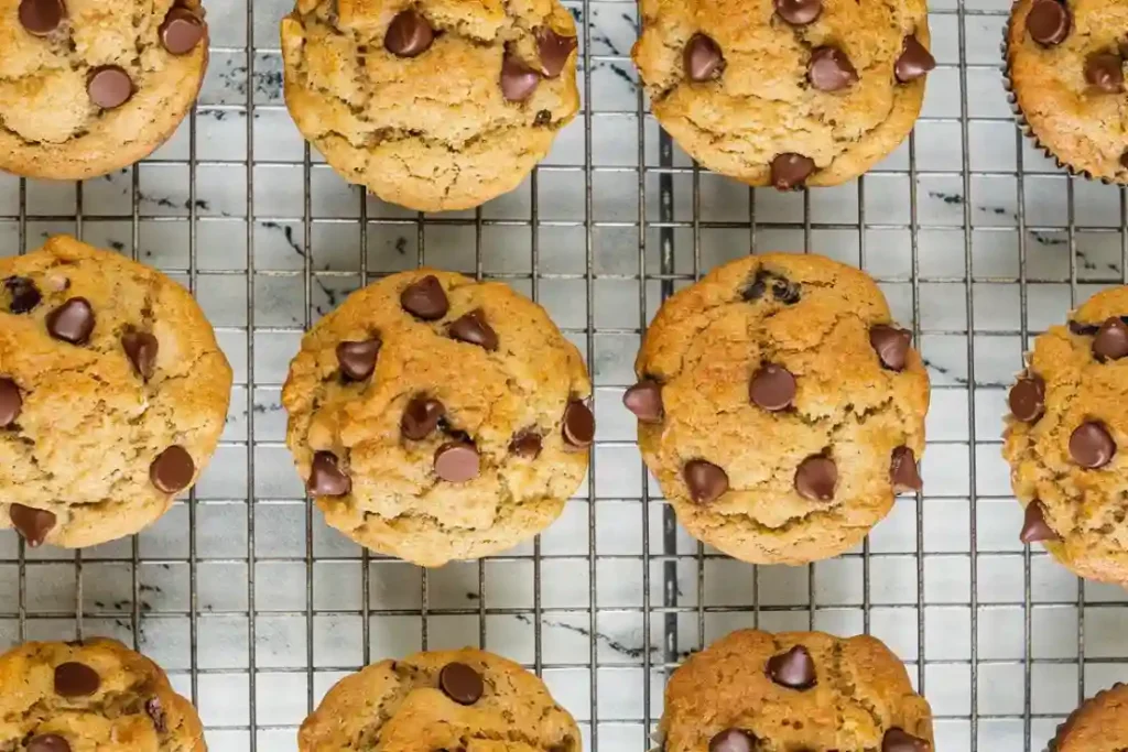 Zucchini muffin batter with chocolate chips in a mixing bowl