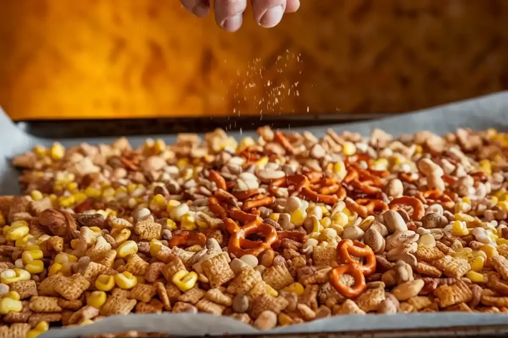 Mixing Chex cereal, pretzels, nuts, and crackers with butter and spices