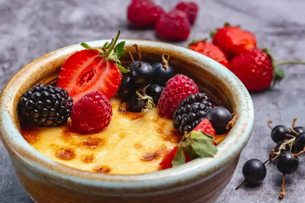 A ramekin of crème brûlée with a caramelized sugar crust, garnished with fresh berries