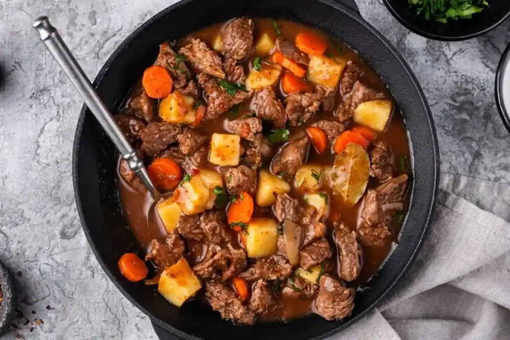 Classic beef stew in a Dutch oven with carrots, potatoes, and fresh parsley