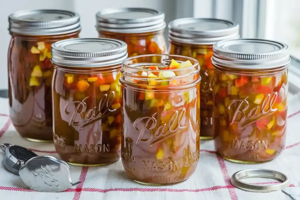 This image showcases a jar of homemade chow chow relish, featuring a mix of green tomatoes, cabbage, onions, and peppers