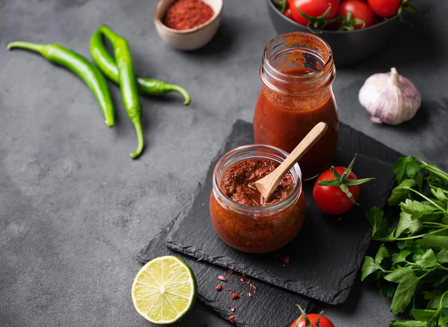 Jar of homemade salsa macha with toasted chilies and garlic