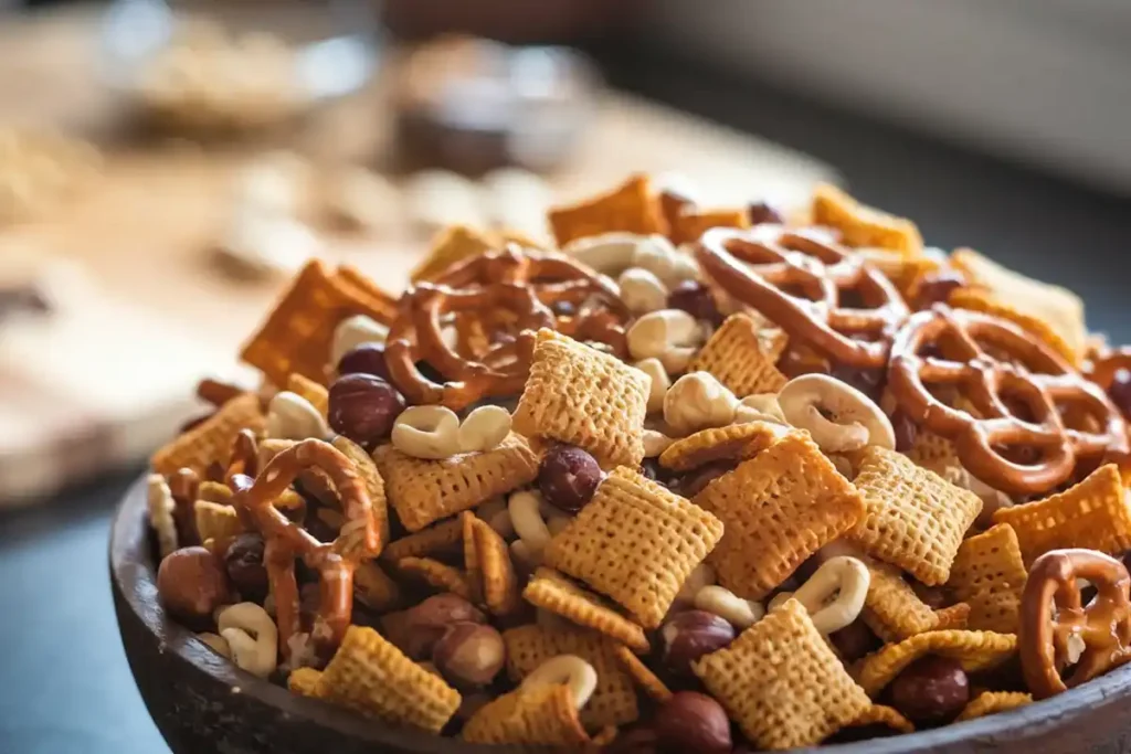 Chex mix spread on a baking sheet, ready for the oven.