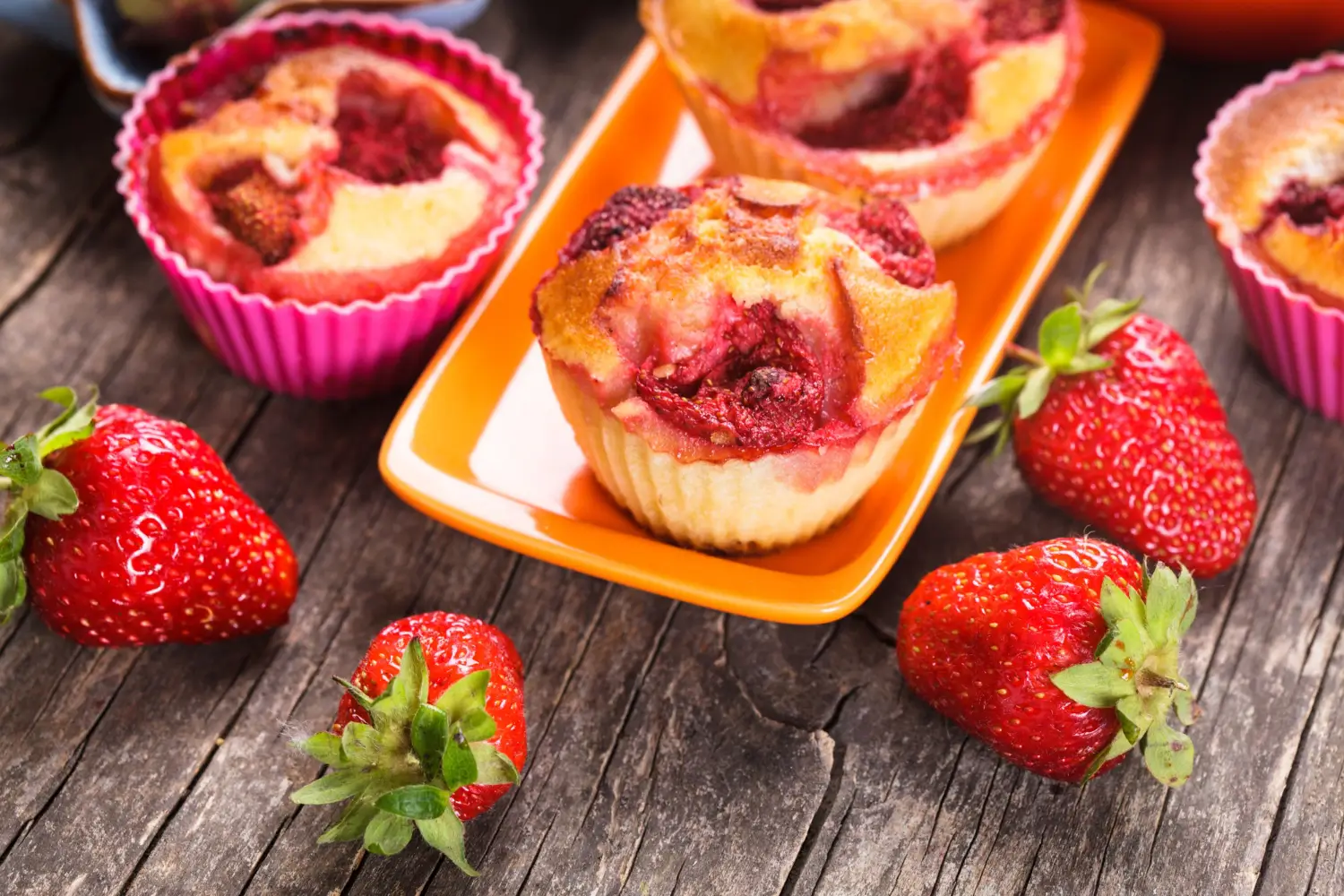 Homemade strawberry muffins on a wooden countertop