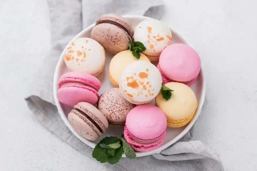 Colorful macarons in pastel shades, filled with buttercream or ganache