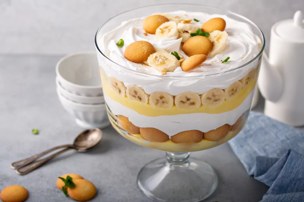 Layered banana pudding in a trifle dish with whipped cream and fresh bananas