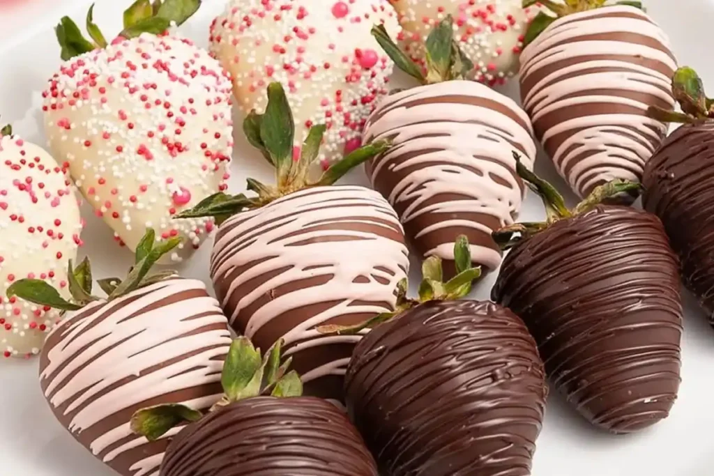 Fresh strawberries dipped in dark chocolate, garnished with crushed nuts and sprinkles