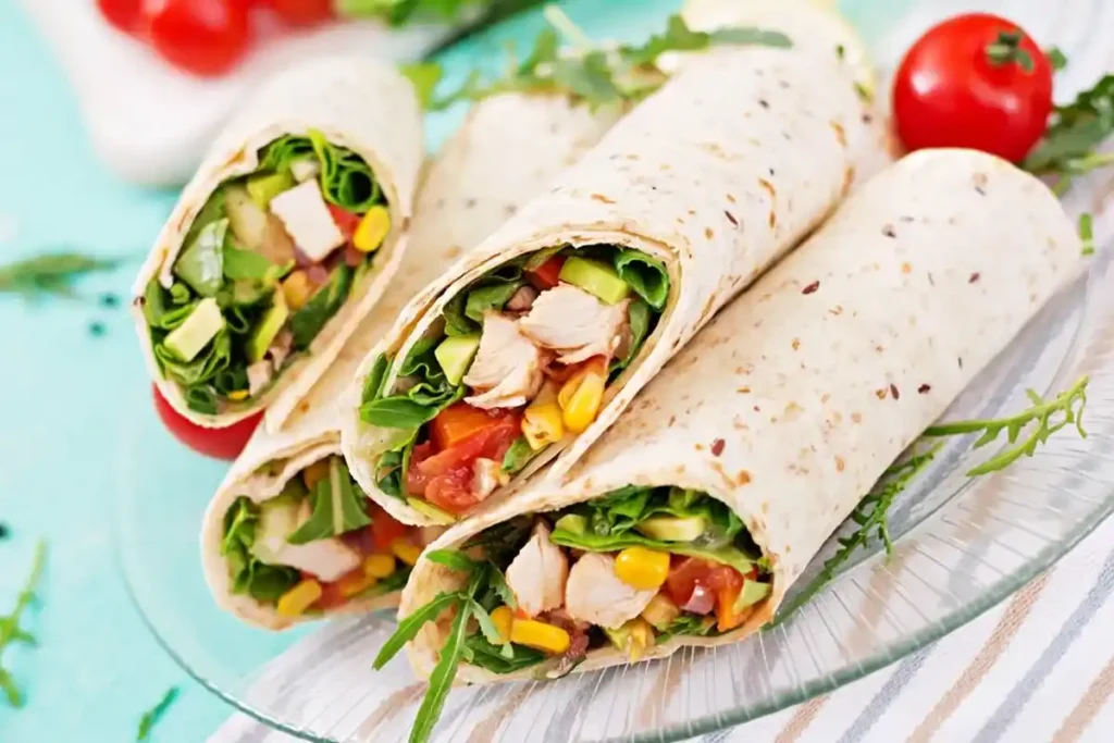 Chicken Caesar salad wraps with shredded rotisserie chicken, romaine lettuce, and Caesar dressing