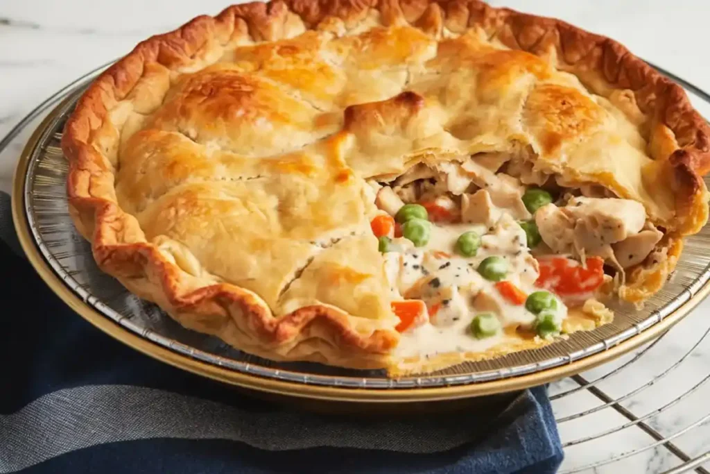 Golden chicken pot pie with shredded rotisserie chicken, mixed vegetables, and a flaky crust