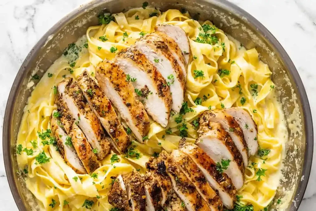 Creamy chicken alfredo pasta with shredded rotisserie chicken, fettuccine, and Parmesan cheese.