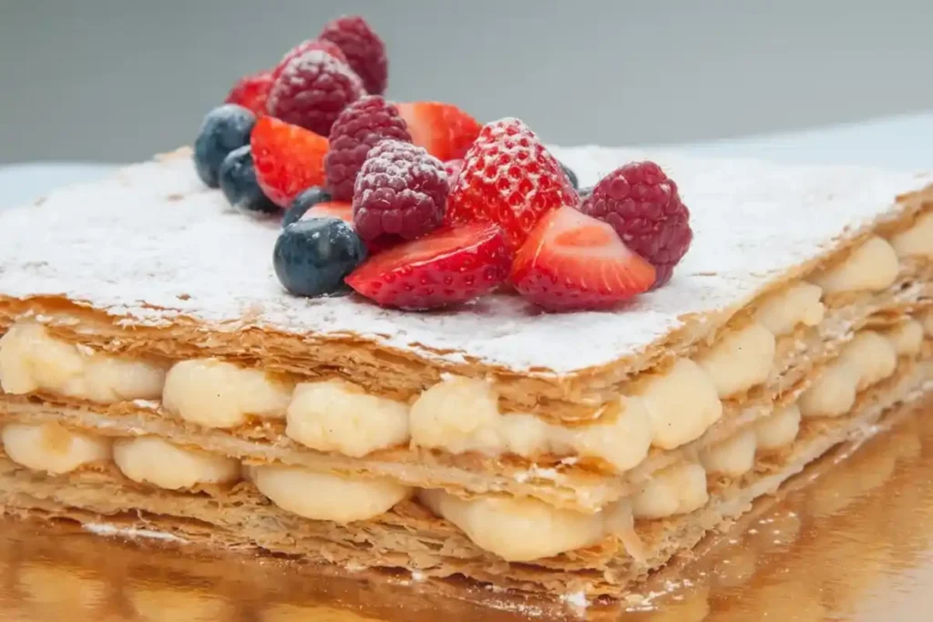 Mille-feuille with puff pastry, custard, and chocolate glaze