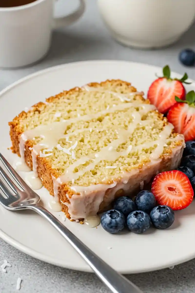 A plated slice of coconut bread with fresh fruit and glaze.