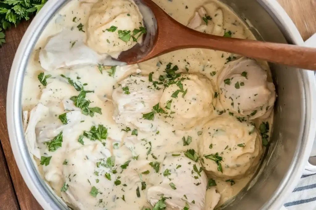 Hearty chicken stew with fluffy Bisquick dumplings