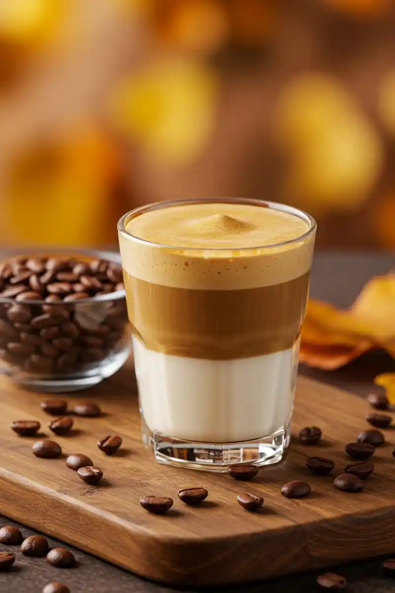 A freshly prepared cortado coffee in a glass with espresso and milk layers