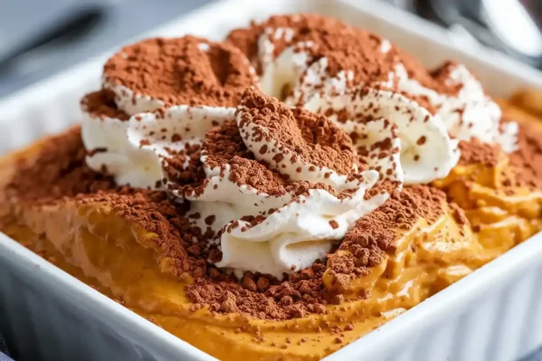 Warm, creamy pumpkin dessert with whipped cream and cinnamon.