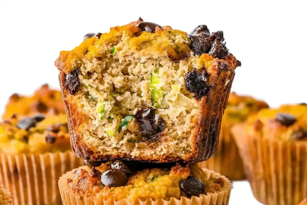 Muffin tin filled with zucchini chocolate chip muffin batter