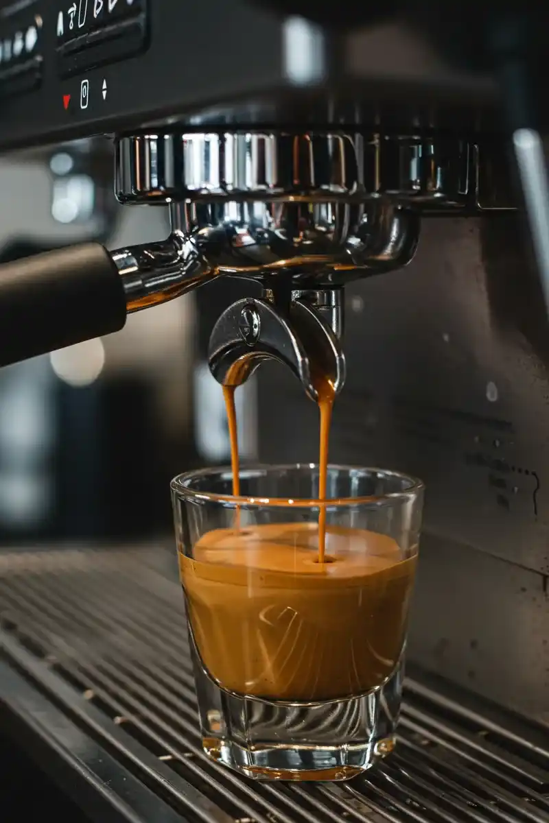 A freshly made Cortado coffee in a small glass with rich espresso and steamed milk