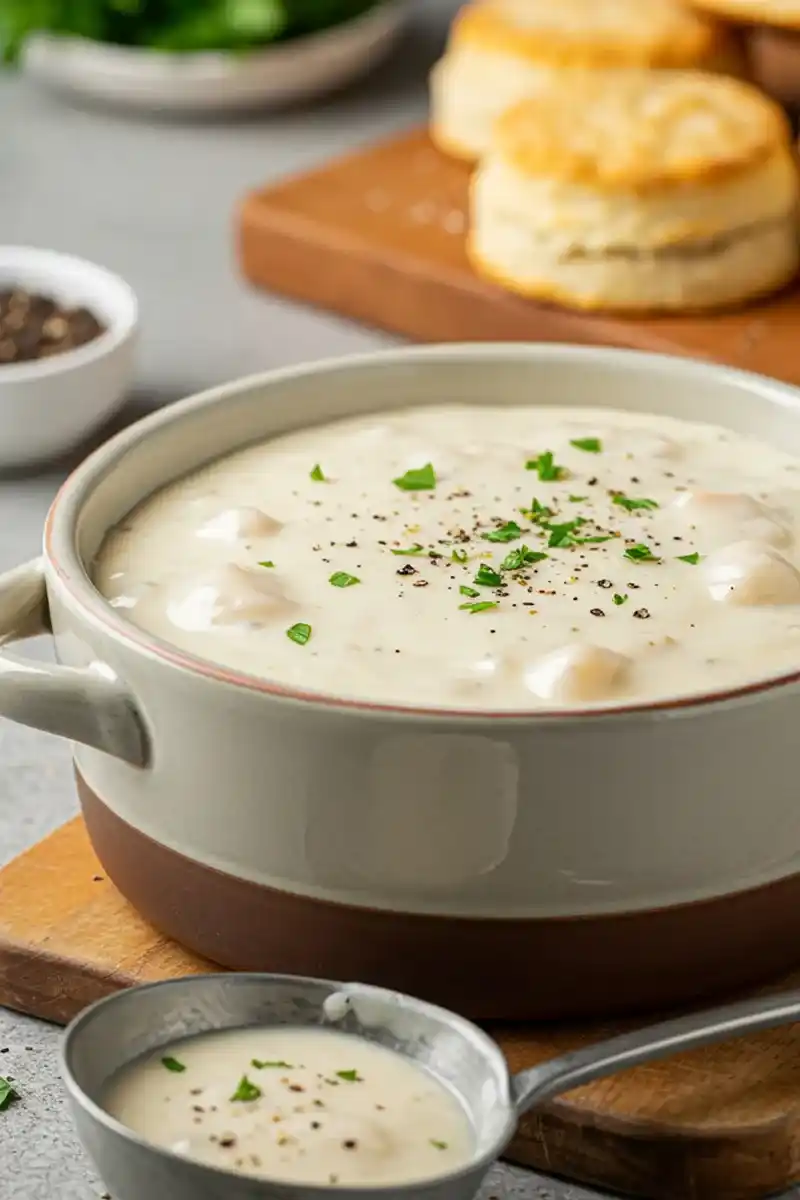  Ingredients for making white gravy, including flour, butter, and milk.