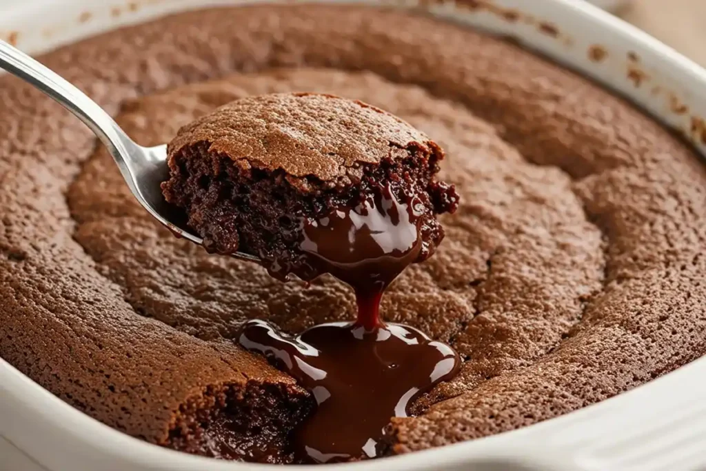 Chocolate cobbler in a cast-iron skillet with ice cream.