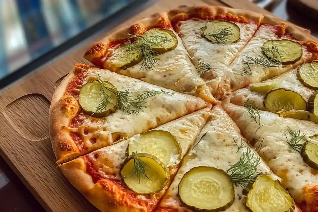 Perfectly baked pickle pie pizza with golden cheese and dill pickles