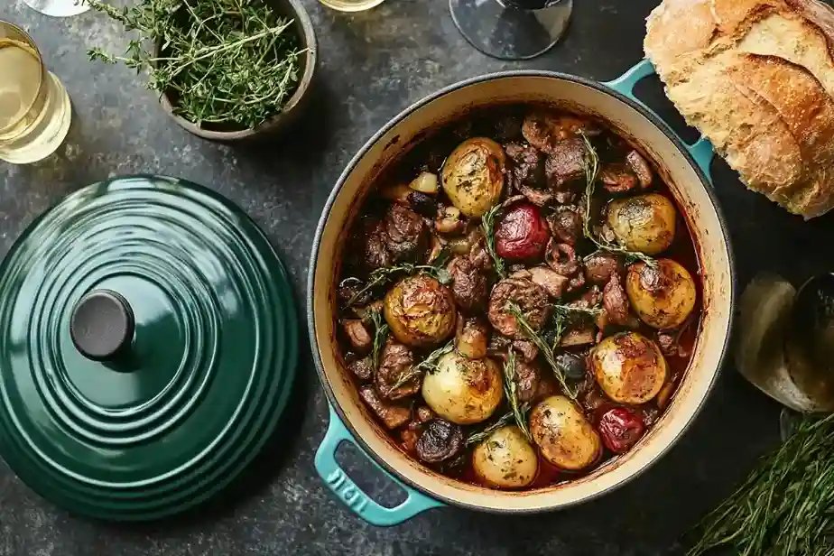 Hearty beef stew in a Dutch oven with fresh herbs and vegetables