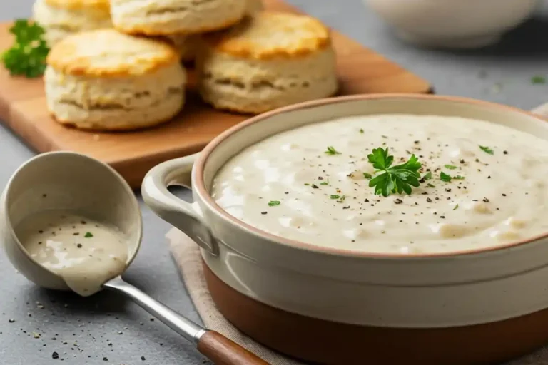 A bowl of creamy white gravy with a ladle and fresh biscuits