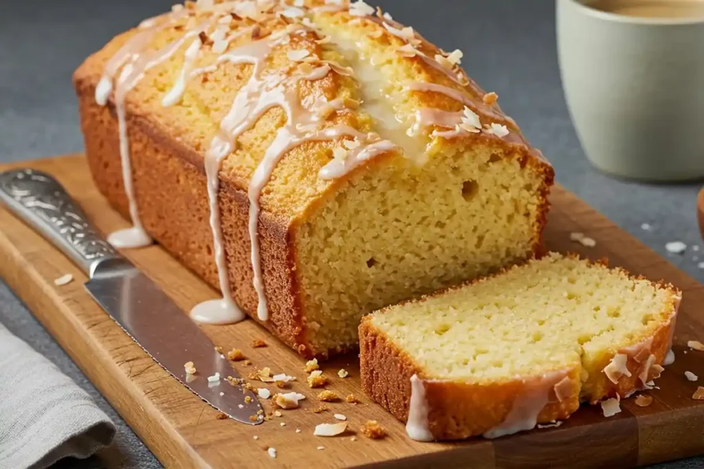 Freshly baked coconut bread loaf with glaze and toasted coconut.