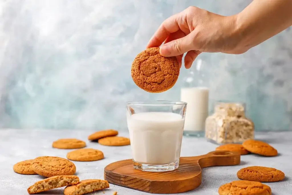 Served snickerdoodles with a glass of milk and a cozy background