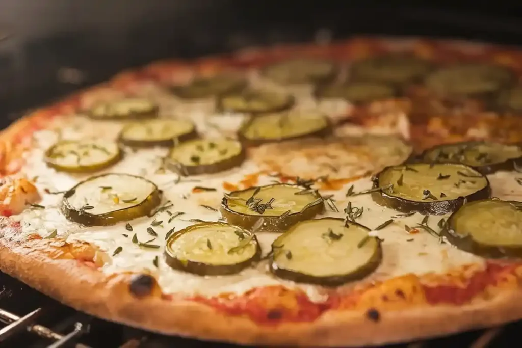 Pickle pie pizza being prepared with ranch, cheese, and pickles.