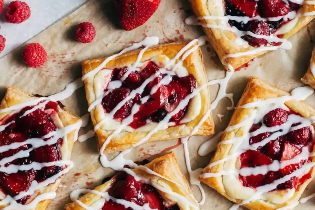 Fruity cream cheese danishes with strawberry and raspberry preserve